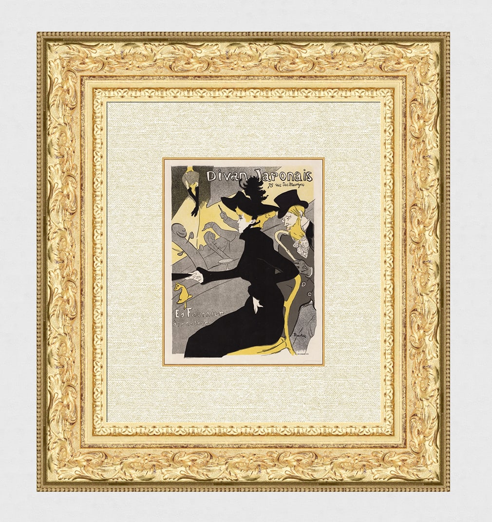 1896 Toulouse Lautrec Divan Japonais Framed: Henri de Toulouse-Lautrec (French, 1864 -1901). Divan Japonaise. Stone lithograph on wove Paper. Les Maitres de l'Affiche Plate 2. Year Printed: 1896. Chaix Imprimerie, Paris. Dimensions (each) Sheet 