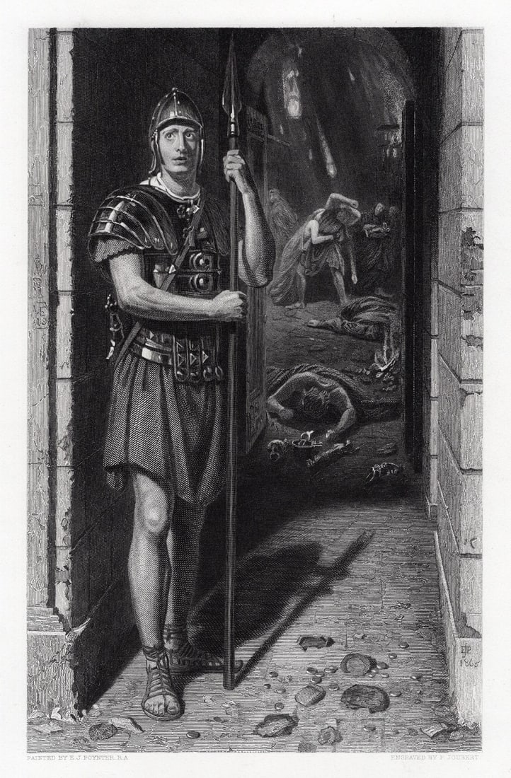 1800s Edward John POYNTER Engraving Faithful unto Death FRAMED: Sir Edward John Poynter, 1st Baronet (English, 1836-1919). Faithful unto Death. Antique engraving on wove paper after the original oil on canvas by master engraver Jean Ferdinand Joubert (French, 1810