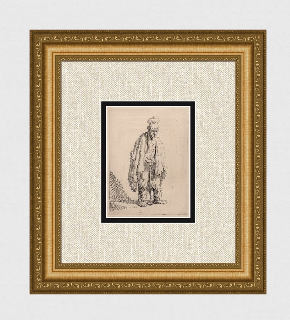 1800s REMBRANDT B162 Beggar in a High Cap, Standing and Leaning on a Stick DURAND: After Rembrandt Harmenszoon Van Rijn (1606-1669). Title: Beggar in a High Cap, Standing and Leaning on a Stick. Medium: Antique hand pulled copper plate etching on laid paper after the original by mas