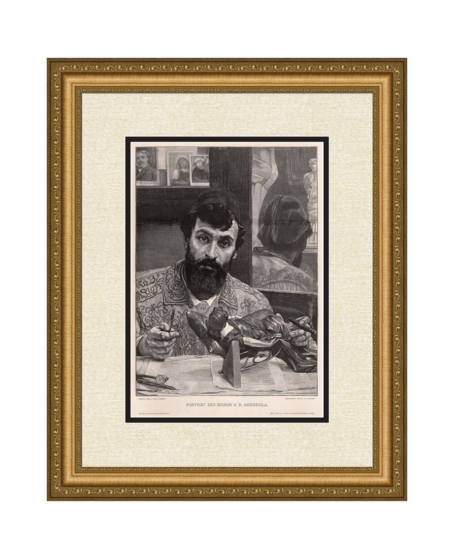 Sir Lawrence Alma Tadema 1887 woodcut Portrait of Signor G.B. Amendola signed: Sir Lawrence Alma-Tadema (born Lourens Alma Tadema) (Dutch, 1836-1912). Portrat Des G. B. Amendola (Portrait of Signor G.B. Amendola). Antique woodcut on wove paper after the original oil on canvas by