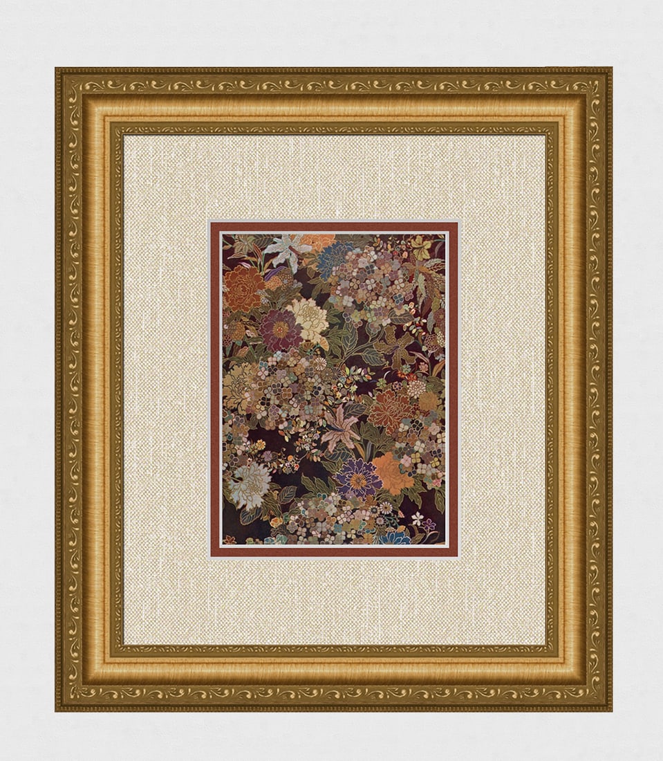 Kawashima Jinbee Antique Color Print "Decorative Silk Brocade" Framed: Kawashima Jinbee (Japanese,1853 - 1910). Rich Silk Brocade. Antique print on wove paper after the original. Year: 1910 & 1911. Image Size 5 3/4 x 8 1/4 inches. Framed dimensions, approximately 15 x 17