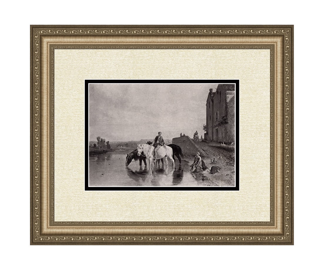 Jules Jacques Veyrassat The Watering Place 1875 print: Jules Jacques Veyrassat. (French, 1828 - 1893). The Watering Place. Antique Heliogravure on thick wove paper after the original. 1875. Excellent. Image size 7 1/2 x 9 1/2 inches. Framed dimensions app