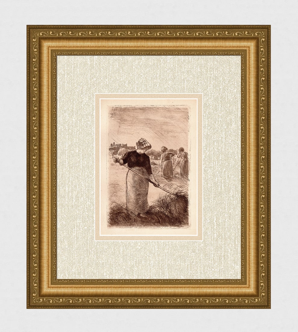 1906 Camille Pissarro Etching Les faneuses: Camille Pissarro (1830 - 1903). La Faneuses (Haymakers). Etching printed in Bistre on Cream Laid Paper. Year: 1909. Edition: Limited to 1000 examples. Reference: Delteil 94. Dimensions: Plate size 5 1