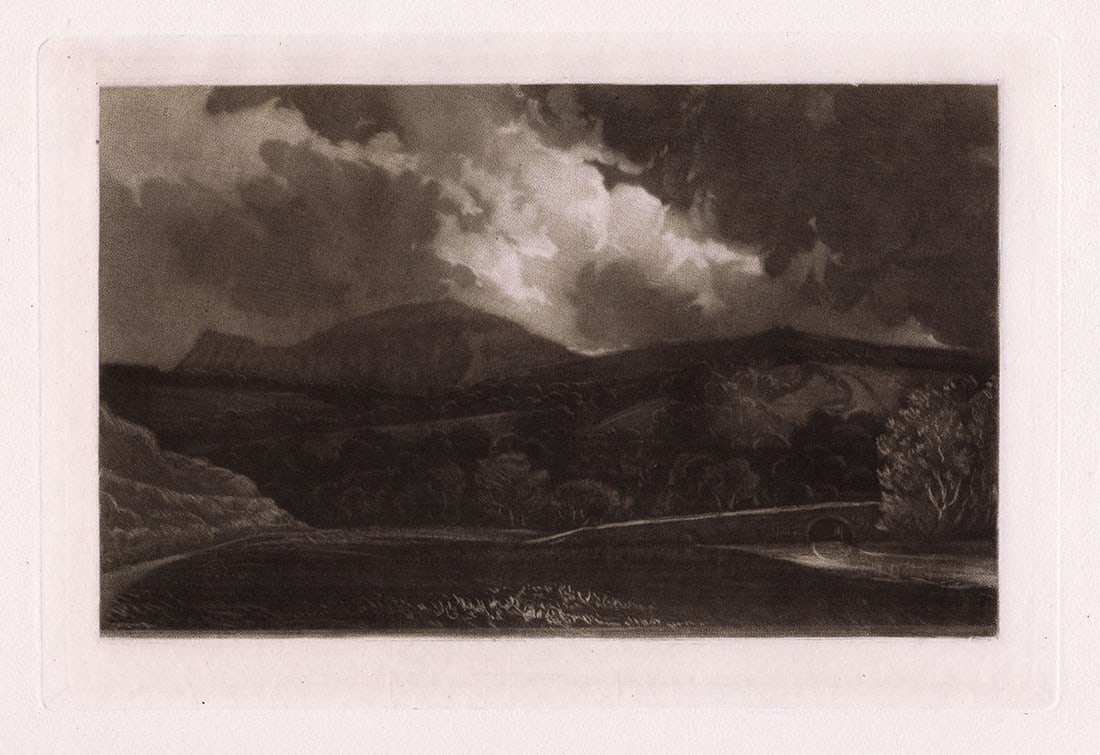 Thomas Girtin Landscape with Hill and Cloud 1885 engraving: Thomas Girtin. (English, 1775-1802). Landscape with Hill and Cloud. Antique engraving in mezzotint on wove paper after the original by master engraver Samuel William Reynolds (1773-1835). 1885. Excell