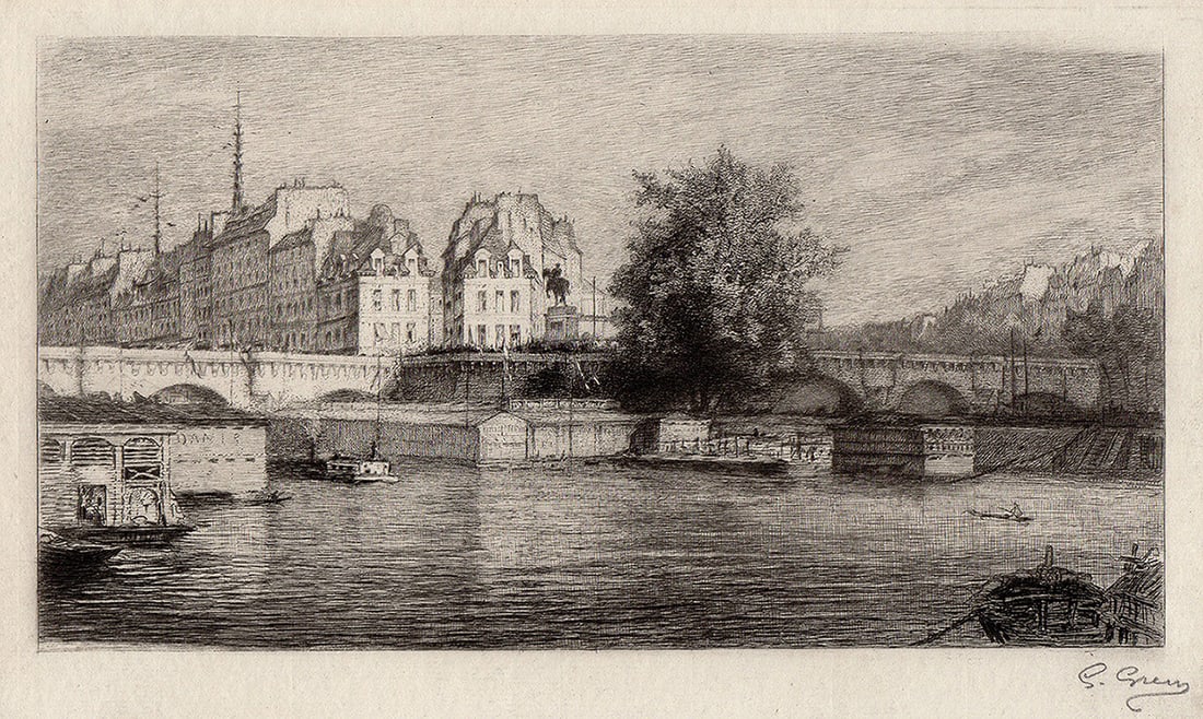 Gustave Greux Le Pont Neuf Signed etching: Gustave Marie Greux (Paris, 1838 - 1919). Le Pont Neuf A Paris. Original etching on laid paper. Hand signed in pencil by the artist, lower right. C. 1870. Sight size: 5 3/4 x 9 5/8 inches. Approximate
