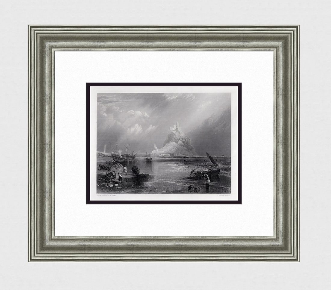 1800s JMW TURNER Engraving Michael's Mount, Cornwall SIGNED Framed: Joseph Mallord William Turner (English, 1775-1851). Michael's Mount, Cornwall. Antique engraving on wove paper after the original by master engraver John Cousen (British,1804-1880).Year: 1878. Signed 