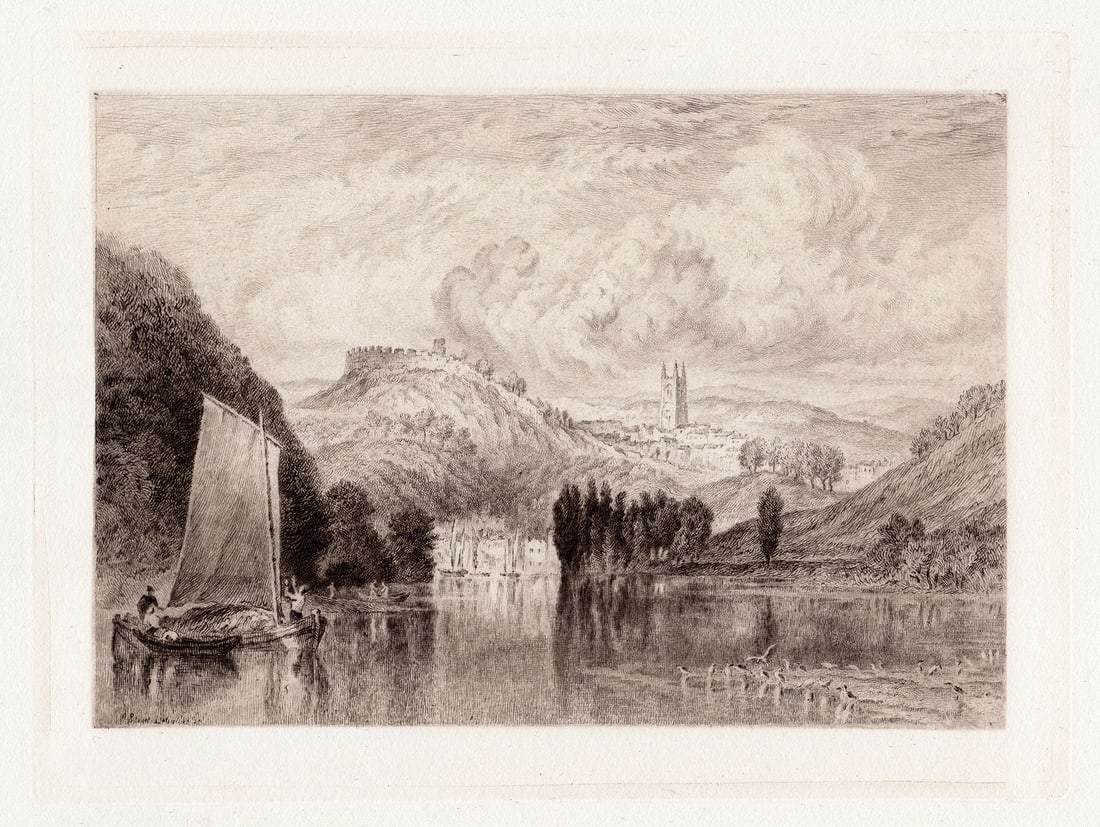 Joseph Mallord William Turner 1885 etching Totnes signed: Joseph Mallord William Turner. (English, 1775-1851). Totnes. Antique etching on wove paper after the original watercolor drawing by master engraver Alfred Louis Brunet Debaines (French, 1845-1939). 18