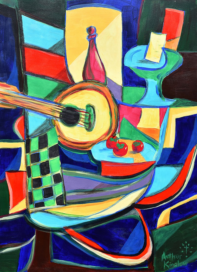 Arthur Kinslow Original Painting Still Life with Mandolin 30 x 40 Inches: Arthur Kinslow ( American, 1955 - ) Still Life with Mandolin II. Original Acrylic on Canvas.Signed by the artist lower center. Canvas Size 30 x 40 inches. Arthur Kinslow has been involved in art his e