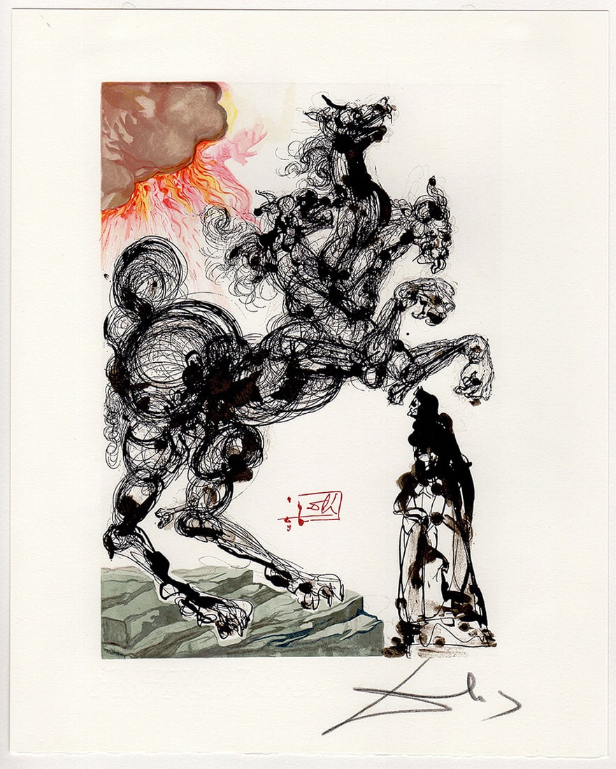1960 Salvador Dali Cerberus Authentic Woodcut: Salvador Dali. (1904-1989). "Cerberus" Enferno Canto 6. Authentic Original Color Woodcut from The Divine Comedy Printed in 1960 on B.F.K. Rives Paper ( this is not a reproduction, copy, or reprint, bu