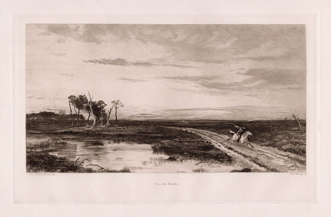 John MacWhirter 1892 etching Over the Border signed: John MacWhirter. (Scottish, 1837-1911). Over the Border. Hand pulled copper plate etching on wove paper after the original painting by master etcher Charles Oliver Murray (Scottish, 1842-1923). 1892. 