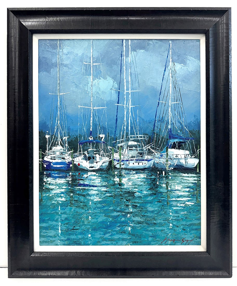 Mauricio Garay Original Painting Marina Framed: Mauricio Garay. Marina XXIII. Original oil painting on canvas. Canvas Size 16 x 20 inches. This piece has been professionally matted and framed using all new materials. Mauricio Garay began to arouse 