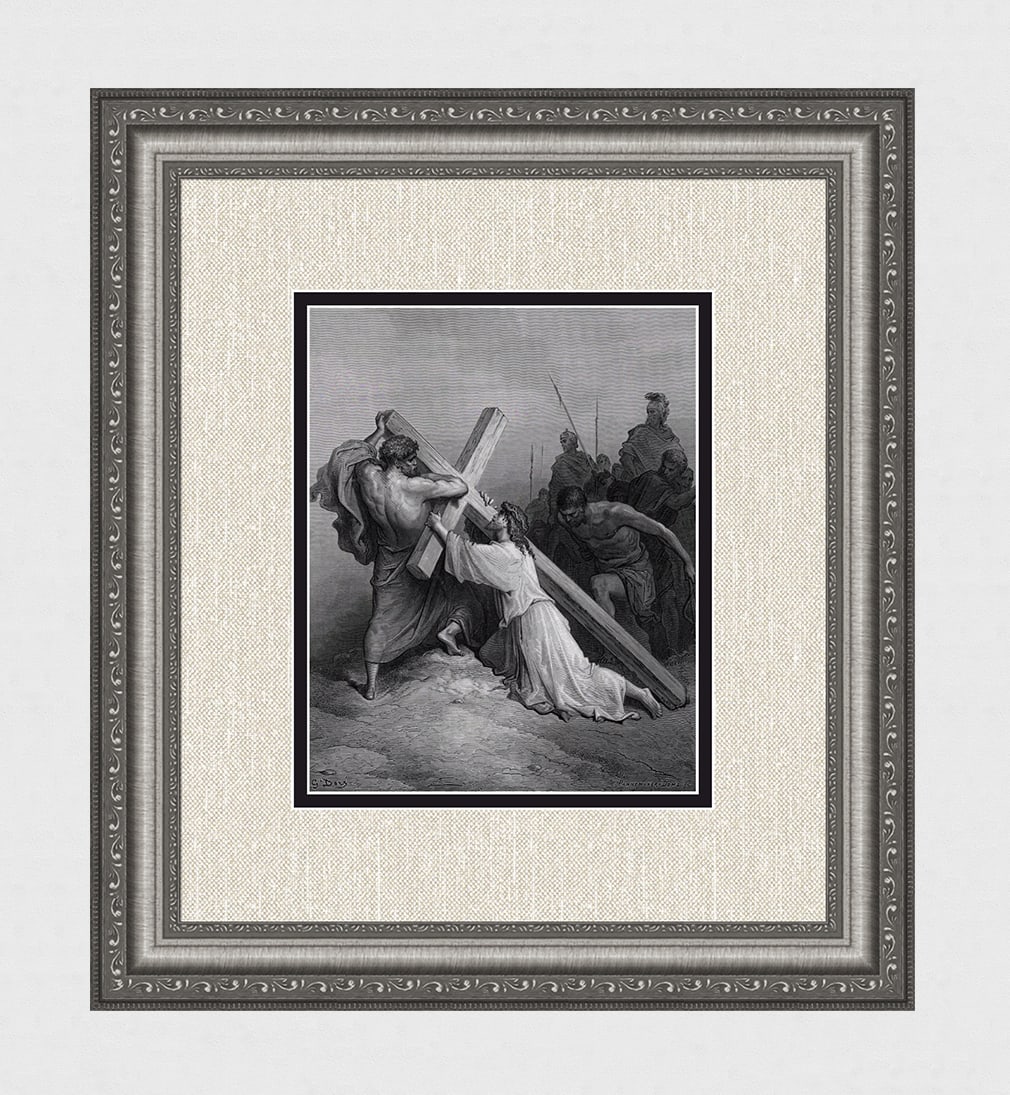 Gustave DORE'S BIBLE 1800s Wood Engraving Jesus Beneath The Cross Framed SIGNED: Gustave Dore(Paul Gustave Louis Christophe Dore) (French, 1832-1883). Jesus Falling Beneath the Cross (from Dore's Bible). Antique Wood Engraving on wove paper after the original by a master wood engr