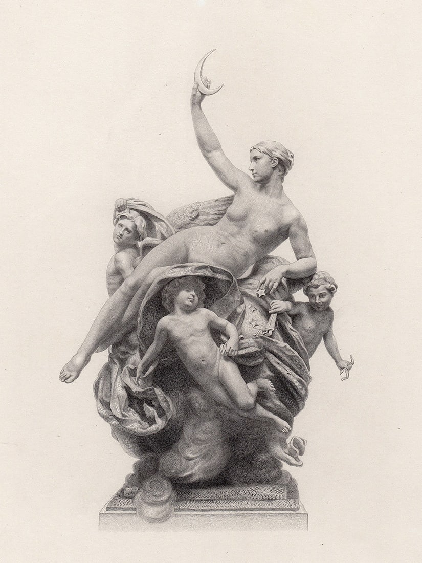 Francis de Saint-Vidal Night 1884 engraving: Francis de Saint-Vidal (French, 1840 - 1900). Night. Antique engraving on wove paper after the original marble sculpture by master engraver Edward William Stodart (England, 1841 - 1914). 1884. Excelle