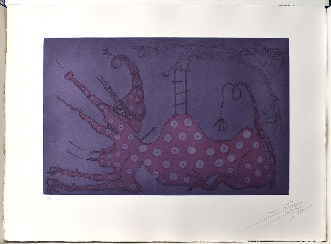 Joan Ponc 1975 Etching Esfinx Acrobatica Signed Numbered: Joan Ponc (1927-1984). Esfinx Acrobatica. Original Color Etching on Guarro Paper. Edition: 75. Year: 1975. Hand Signed and Numbered by the Artist. Condition: Excellent. Publisher: Poligrafa, S.A. (Bar
