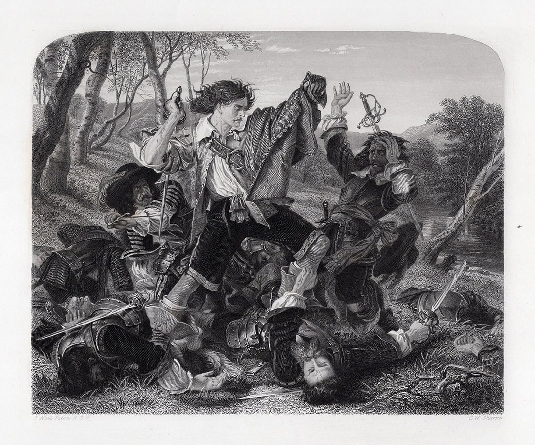 1800s Joseph Noel Paton Engraving The Outlander Framed Signed: Sir Joseph Noel Paton (Scottish, 1821 - 1901). The Dowie Dens o Yarrow (Stanza 9th). Antique engraving on wove paper after the original by master engraver Charles William Sharpe (British, 1818-1899). 