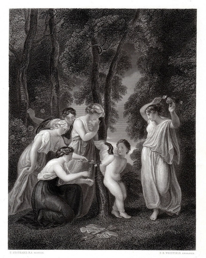 Thomas Stothard 1852 Engraving Cupid Bound to a Tree: Thomas Stothard. (English, 1755 - 1834). Cupid Bound to a Tree. Antique engraving on wove paper after the original oil paint on wood by master engraver Thomas Abiel Prior (English, 1809-1886). 1852. S