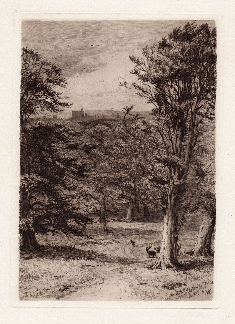 Frederick Albert Slocombe Windsor Park 1885 etching: Frederick Albert Slocombe. (British, 1847-1920). Windsor Park. Original etching on thick laid paper. 1885. Signed in the plate, lower left. Excellent. Image Size 7 1/2 x 10 1/2 inches. Approximately 1