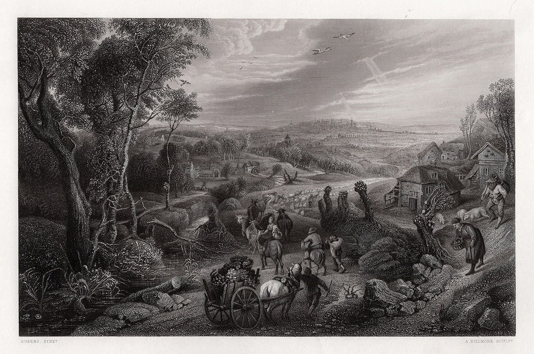 1800s Peter Paul Rubens Engraving Summer Landscape Framed Signed: Sir Peter Paul Rubens (Flemish, 1577-1640). Summer Time. Antique engraving on wove paper after the original by master engraver Arthur Willmore (British, 1814-1888). Year: 1859. Signed in the plate. Im