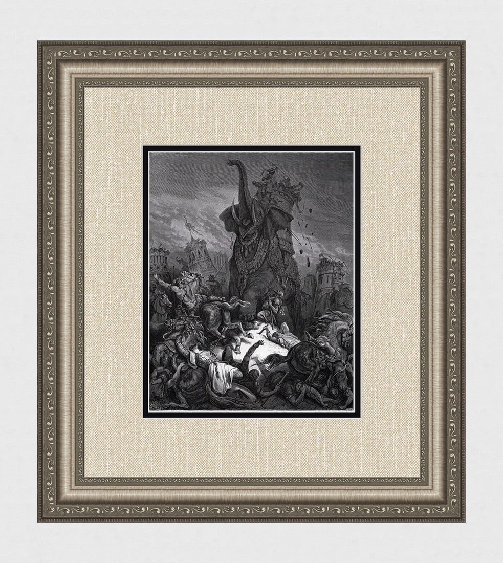 GUSTAVE DORE'S BIBLE 1800s Woodcut The Death of Eleazar Framed SIGNED: Gustave Dore (Paul Gustave Louis Christophe Dore) (French, 1832-1883). The Death of Eleazar (from Dore's Bible). Antique woodcut wove paper after the original by a master wood engraver Alexander Hurel