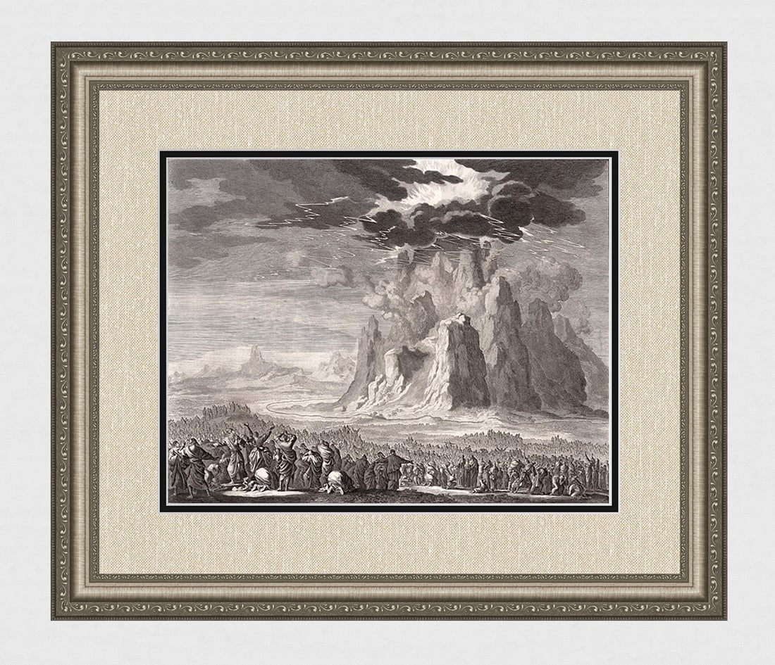 1747 Monumental Engraving Jan Luyken Moses Receives the Law Framed: Jan Luyken (Dutch, 1649 - 1712). Moses Receives the Law. Antique engraving on laid paper. Year: 1747. Publisher: Frans Houtteyn. Reference: Hollstein / Dutch and Flemish etchings, engravings and woodc