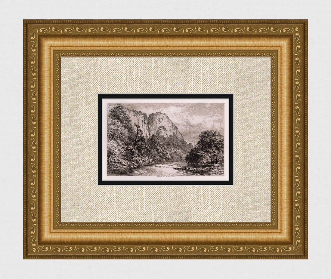 1891 Alfred Dawson High Tor, Matlock etching signed: Alfred Dawson. (British, 1843-1931). High Tor, Matlock. Original hand pulled copper plate etching on wove paper. 1891. Signed in the plate, lower center. Excellent. Image Size 3 3/4 x 5 3/8 inches. Ap