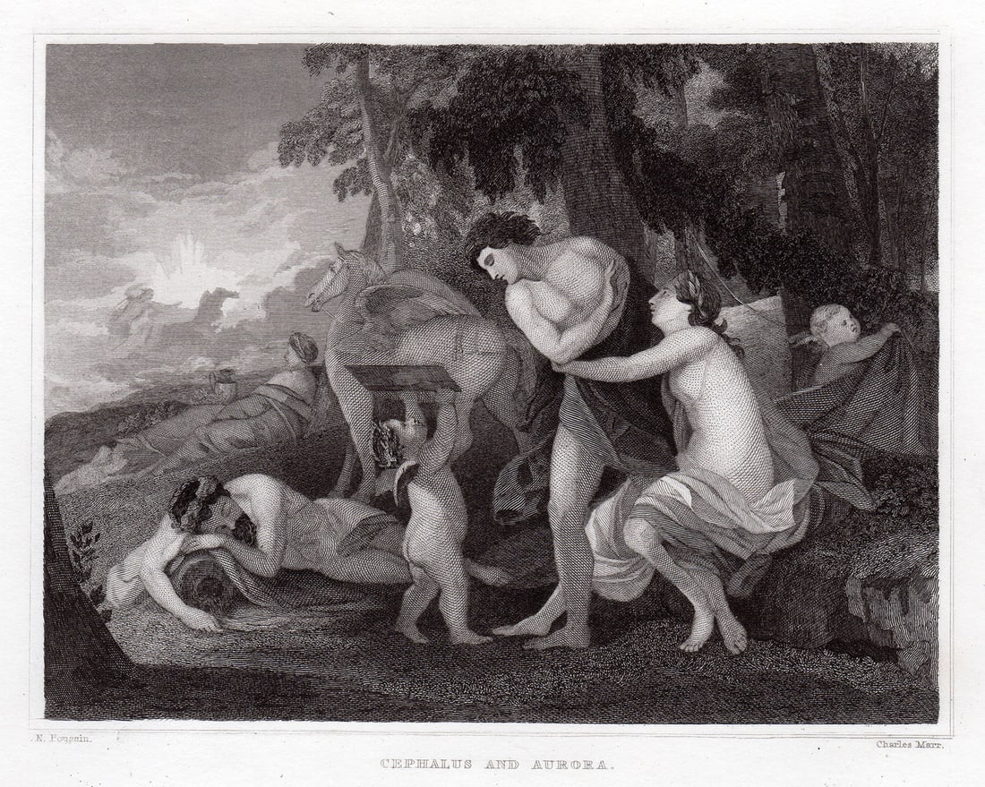 1834 Nicolas Poussin Cephalus and Aurora engraving signed: Nicolas Poussin. (French, 1594-1665). Cephalus and Aurora. Antique Steel Engraving on Wove Paper after the original oil on canvas by Master Engraver Charles Marr (19th century). 1834. Signed in the pl