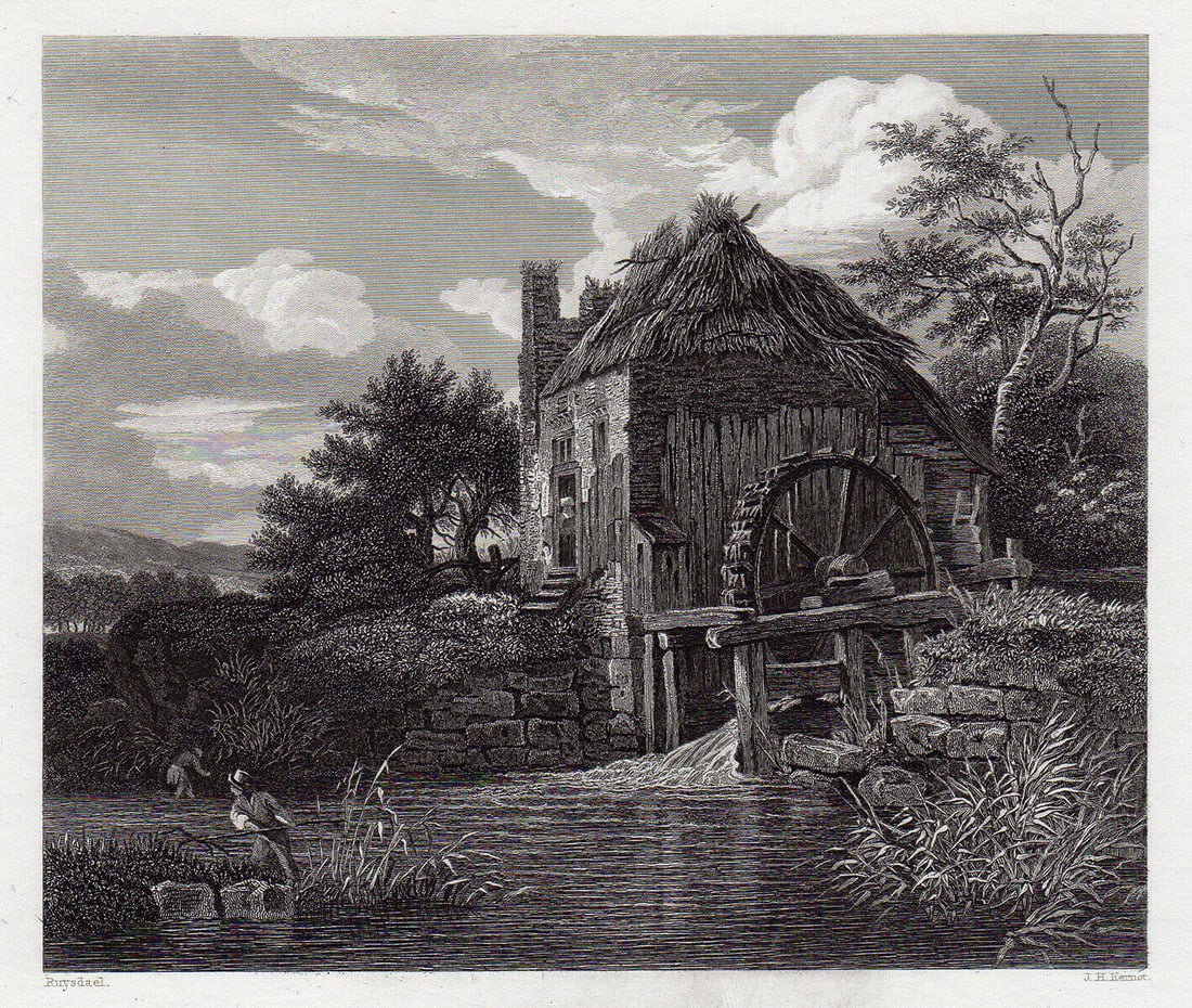 Jacob Isaackszoon van Ruisdael The Water Mill 1834 Engraving Signed: Jacob Isaackszoon van Ruisdael. The Water Mill. Antique steel engraving on wove paper after the original by master engraver J. H. Kernot. 1834. Signed in the plate. Image Size - 5 1/8 x 6 inches. Fram