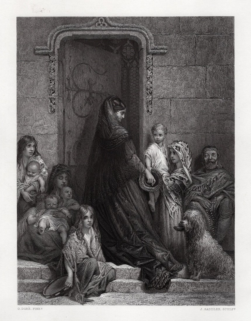 DORE 1800s Biblical Engraving "Blessed are the Charitable" Signed Framed COA: Gustave Dore (Paul Gustave Louis Christophe Dore) (French, 1832-1883). Almsgiving. Antique engraving wove paper after the original by master engraver John Saddler (British, 1813-1892). Year: 1877. Sig