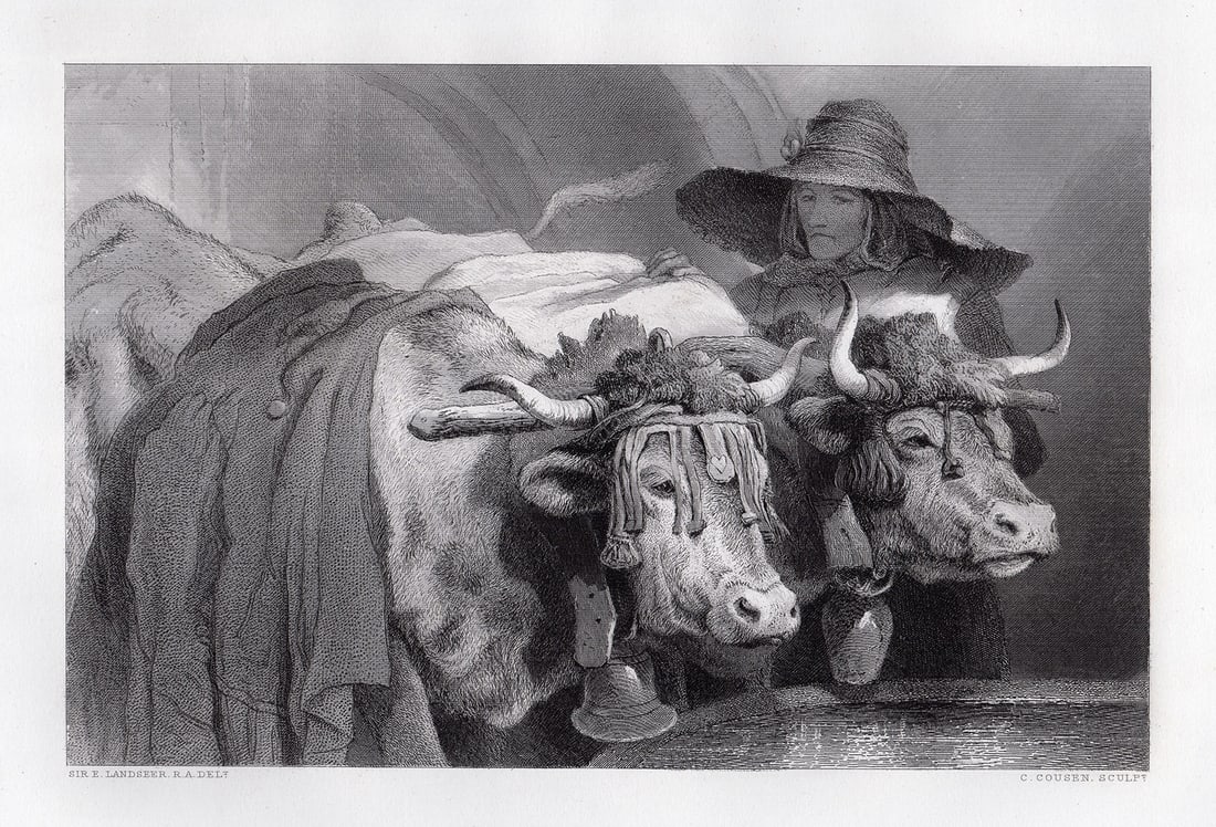 1876 Sir Edwin Henry Landseer Oxen at the Tank - Geneva engraving signed (1 of 2)
