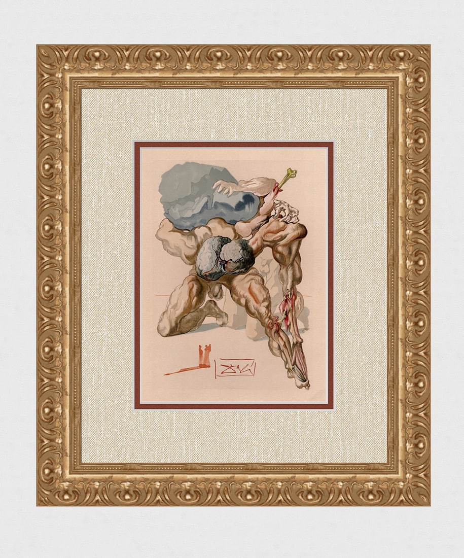 1960 Salvador Dali Avaricious Divine Authentic Woodcut Framed: Salvador Dali. (1904-1989). "The Avaricious and the Prodigal" Enferno Canto 7. Authentic Original Color Woodcut from The Divine Comedy Printed in 1960 on B.F.K. Rives Paper ( this is not a reproductio