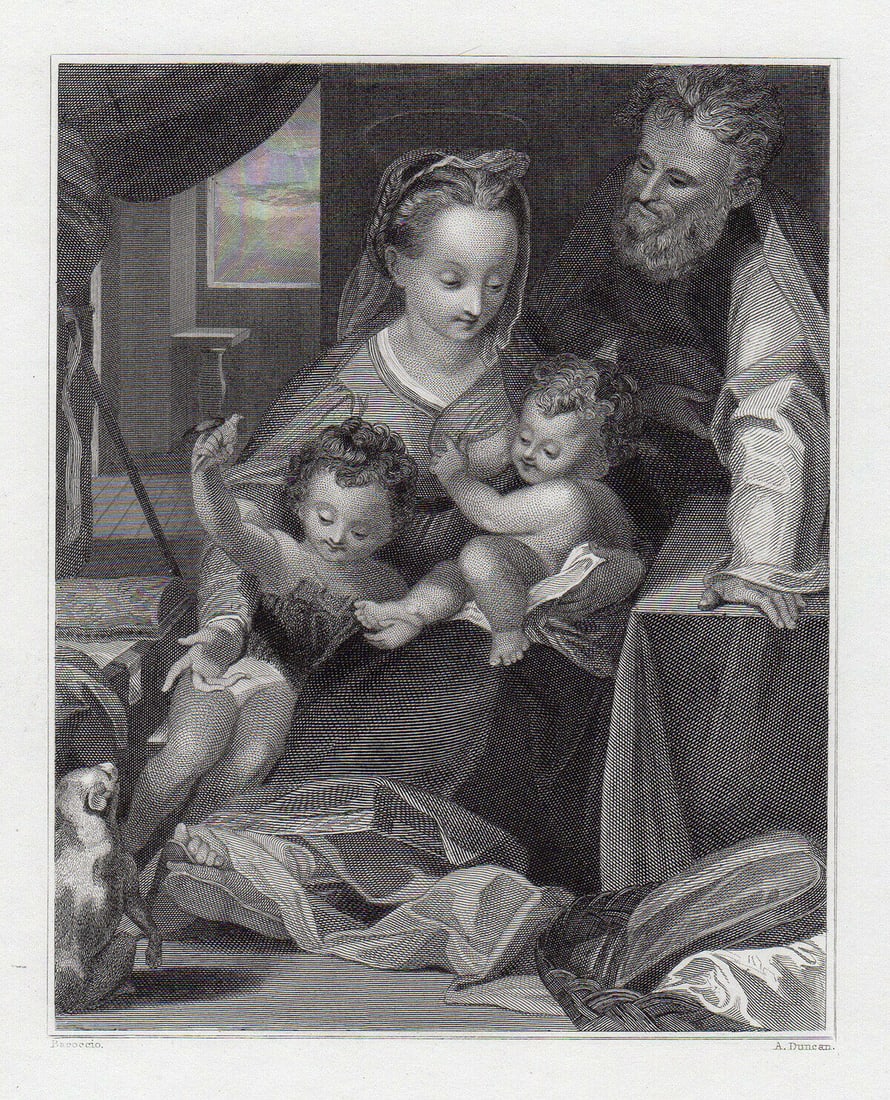 Old Master Federico Barocci Holy Family Madonna del Gatto 1834 Engraving Signed Framed: Federico Barocci. Holy Family (Madonna of the Cat) (Madonna del Gatto). Antique steel engraving on wove paper after the original painting by master engraver A. Duncan. 1834. Signed in the plate. Image