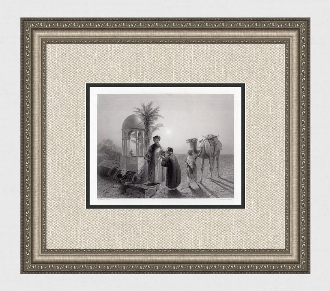 Henry Warren 1800s Antique Engraving "Fount in the Desert" Signed Framed: Henry Warren (British, 1794-1879). The Fount in the Desert. Antique engraving on wove paper after the original by master engraver Edward Radclyffe (British, 1810-1863). Year: 1855. Signed in the plate