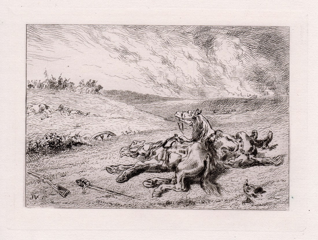 Jules Jacques Veyrassat Horses on the Battle-Field etching signed: Jules Jacques Veyrassat. (French, 1828 - 1893). Horses on the Battle-Field. Antique etching on thick laid paper. 1872. Signed in the plate, lower left. Excellent. Image size 4 1/4 x 5 3/4 inches. Appr