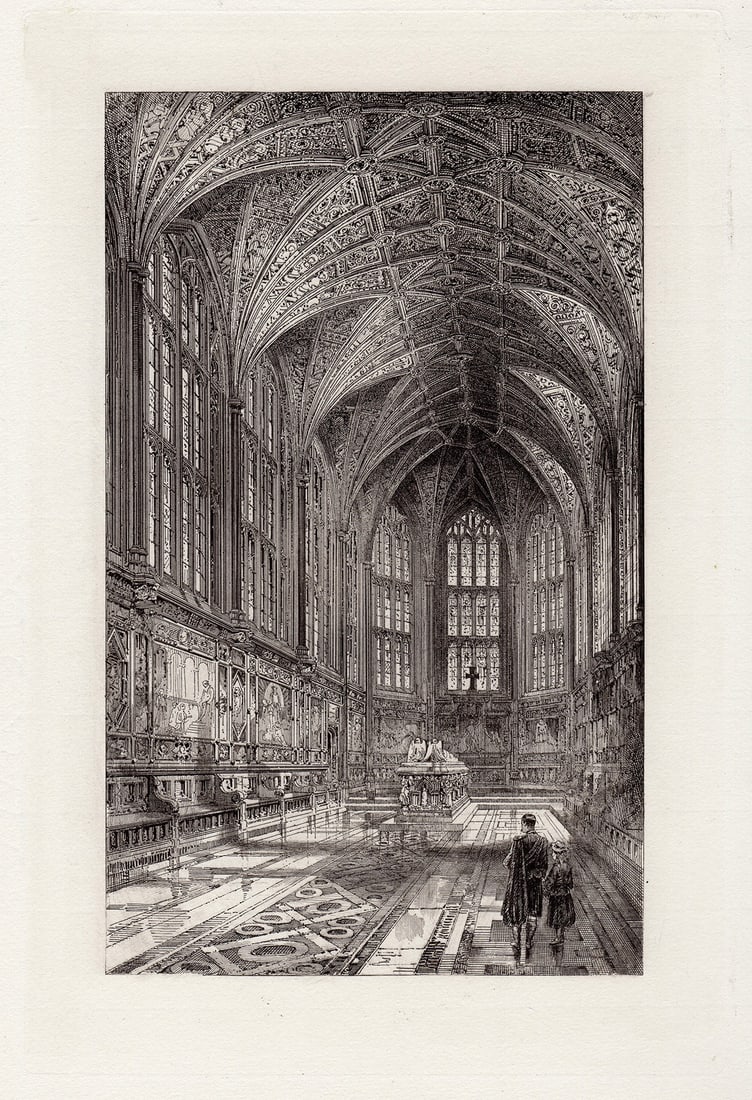 Herbert Railton Interior of the Memorial Chapel, Windsor 1885 etching: Herbert Railton. (English, 1857-1910). Interior of the Memorial Chapel, Windsor. Original Etching on laid paper. 1885. Excellent. Image Size 5 3/4 x 9 1/2 inches. Framed dimensions approximately 16 x 