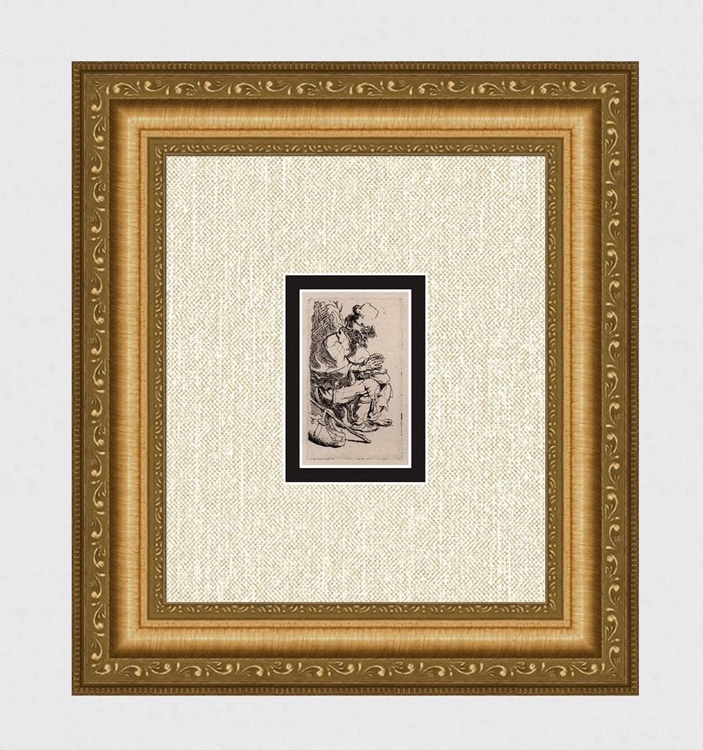 1800s REMBRANDT B173 Seated Beggar DURAND: After Rembrandt Harmenszoon Van Rijn (1606-1669). Title: Beggar Seated Warming His hands at a Chafing Dish. Medium: Antique hand pulled copper plate etching on laid paper after the original by master 