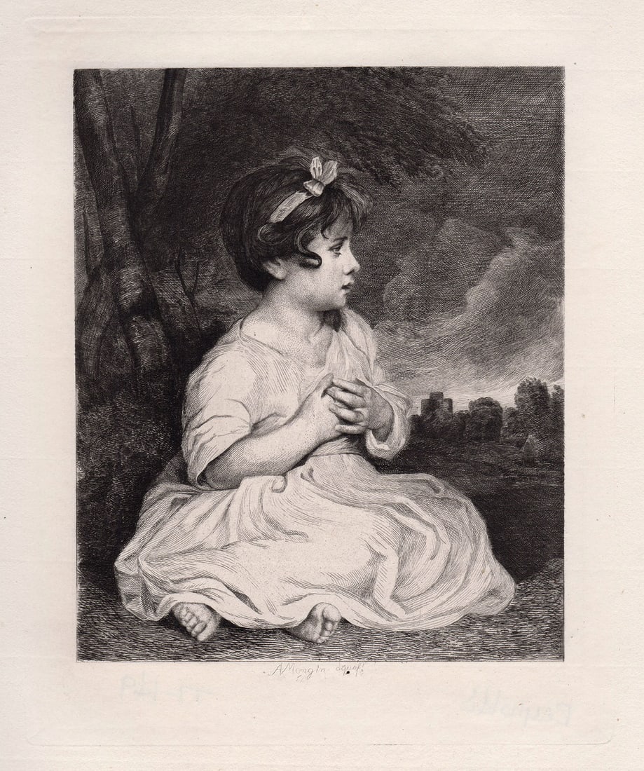 Sir Joshua Reynolds The Age of Innocence etching signed: Sir Joshua Reynolds. (1723-1792). "The Age of Innocence". Antique etching on thick laid paper after the original oil on canvas by master etcher Pierre-Antoine Mongin (French, 1761-1827). 1877. Signed 