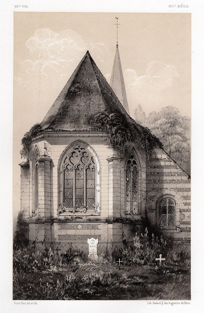 SIGNED 1800s Victor PETIT Original Lithograph Old French Church FRAMED: Victor Jean Baptiste Petit (French 1817-1871). E'glise Du Tilleul, Seine (Linden Church, Seine). Original tinted lithograph on strong vellum paper. Year: 1860. Signed in the plate. Published by A Goda