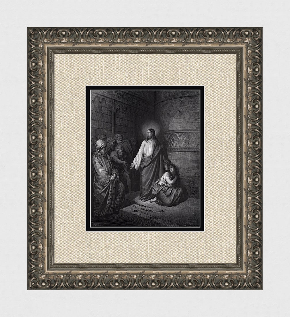 Gustave DORE 1800s Biblical Wood Engraving The Woman Caught in Adultery SIGNED Framed: Gustave Dore (Paul Gustave Louis Christophe Dore) (French, 1832-1883). Jesus and the Woman taken in Adultery (from Dore's Bible). Antique Wood Engraving on wove paper executed by master wood engraver.