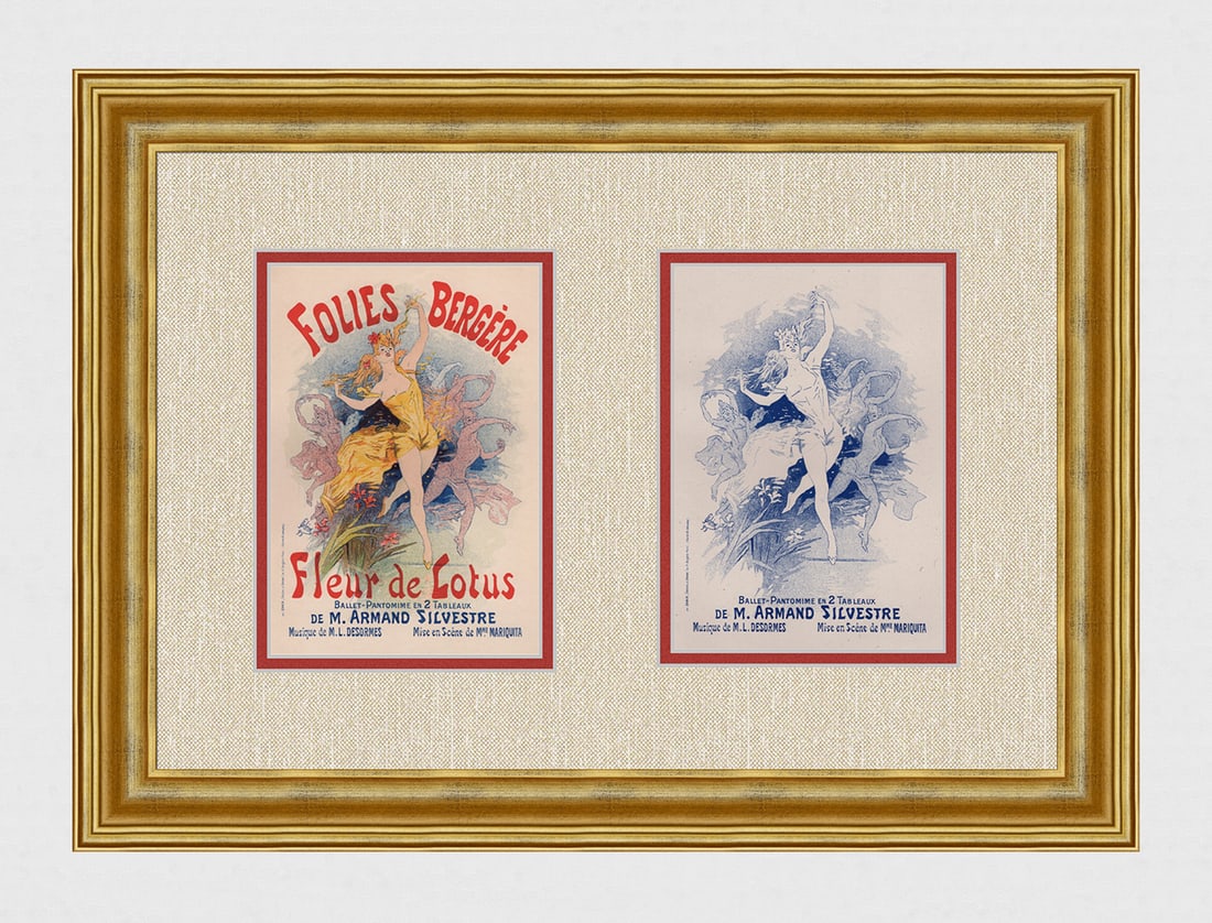 1896 Jules Cheret Folies Bergere Lotus one of 25 on Japon with proof: Jules Cheret (French, 1836-1932). Folies Bergere - Fleur de Lotus. Stone lithograph on Japon Paper. Extremely rare. One of only 25 printed on Japon paper and accompanied by single color proof. Year Pr