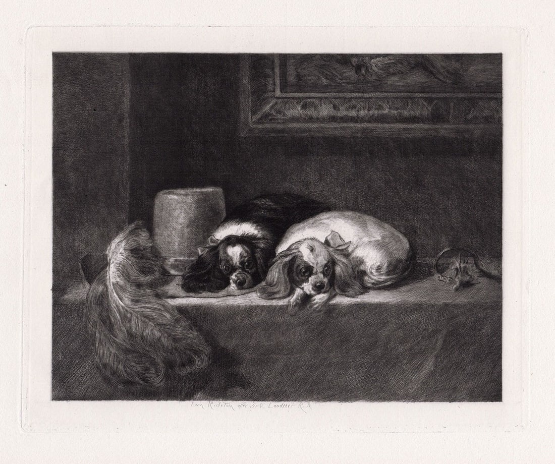 Sir Henry Edward Landseer Spaniels of King Charles' Breed (?The Cavalier?s Pets?) 1885 etching (1 of 2)