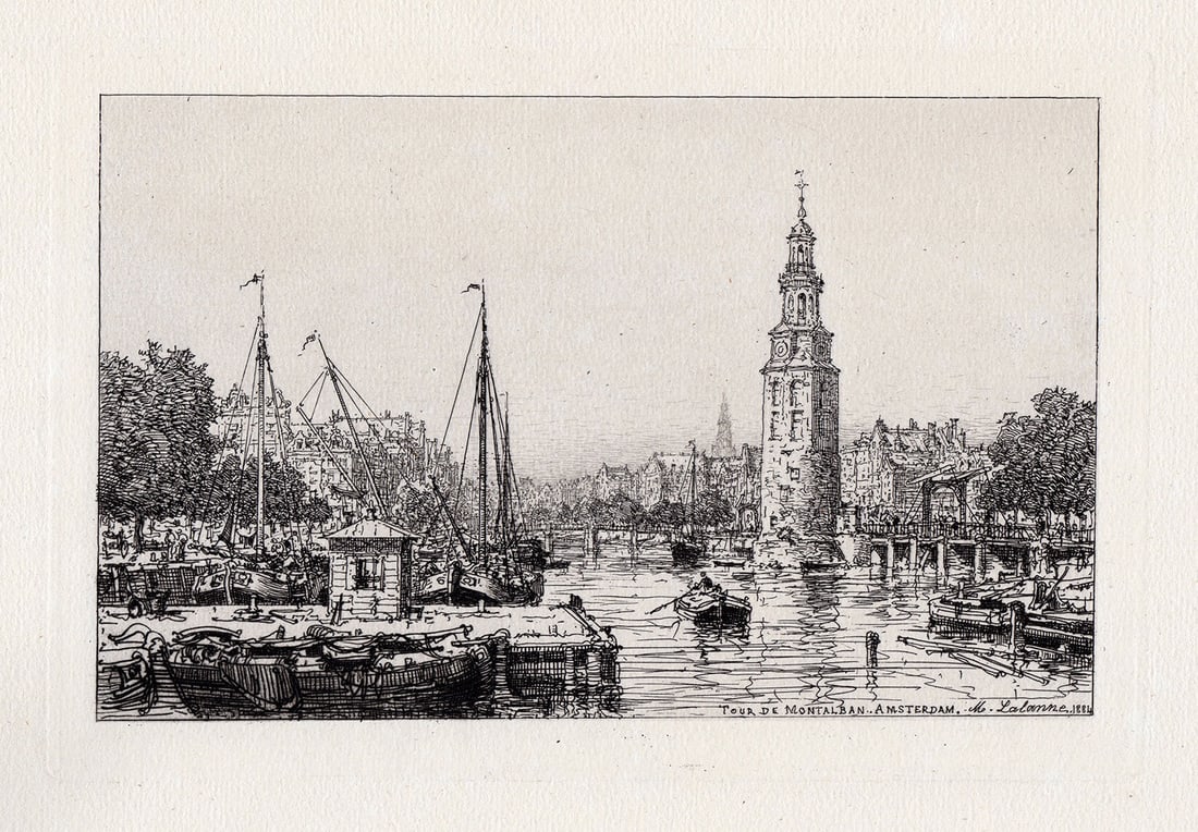 Maxime Lalanne 1884 etching Montalban Tower signed: Maxime Lalanne. "The Tower of Montalban, Amsterdam". Hand pulled copper plate etching on wove paper. 1884. Signed in the plate, lower right. Excellent. Image size 5 3/8 x 8 5/8 inches. Framed dimensio