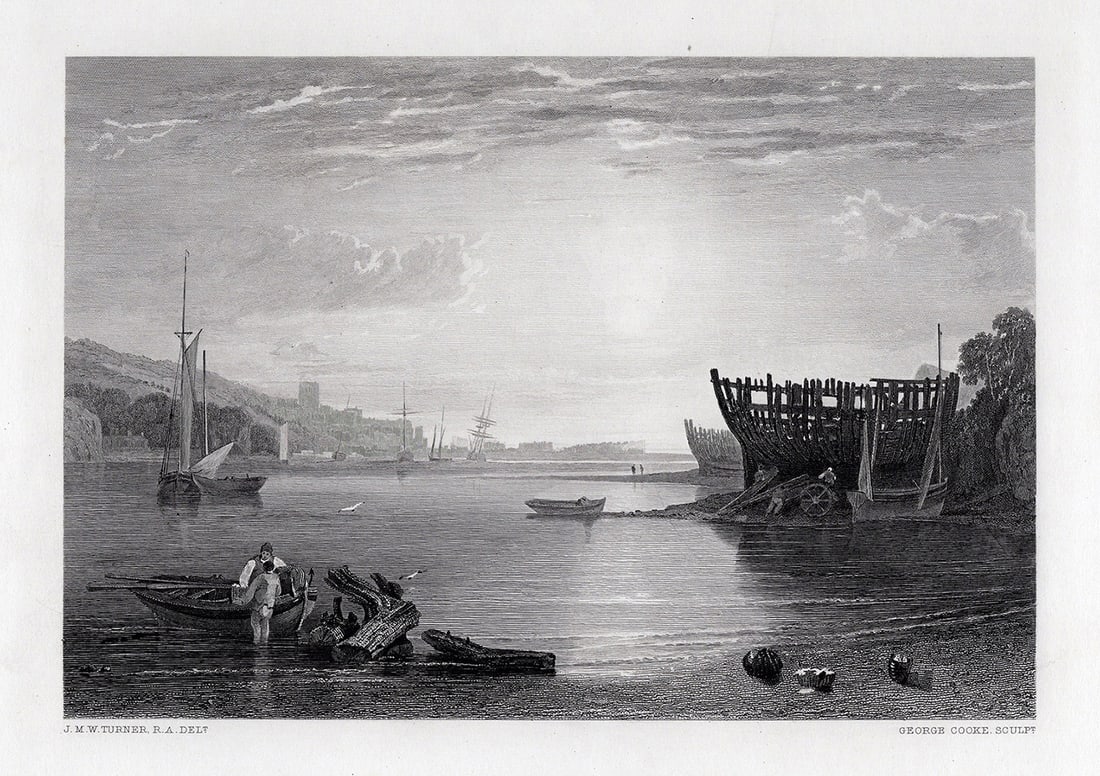 1800s William Turner Engraving Teignmouth, Devonshire Signed Framed: Joseph Mallord William Turner (English, 1775-1851). Teignmouth, Devonshire. Antique engraving on wove paper after the original by master engraver George Cooke (British, 1781-1834). Year: 1878. Referen