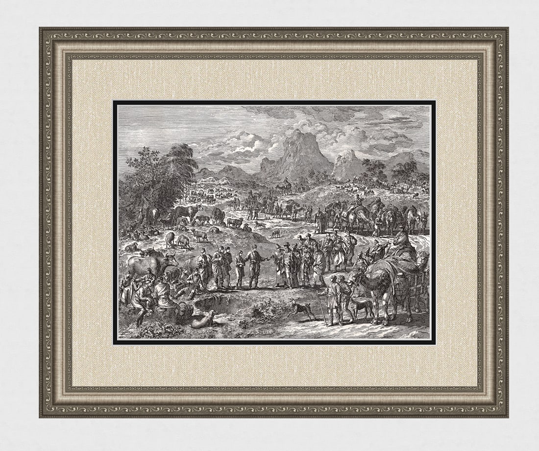 1747 Monumental Engraving Jan Luyken Joseph Sold Framed: Jan Luyken (Dutch, 1649 - 1712). Joseph is Sold by his Brothers. Antique engraving on laid paper. Year: 1747. Publisher: Frans Houtteyn. Reference: Hollstein / Dutch and Flemish etchings, engravings a