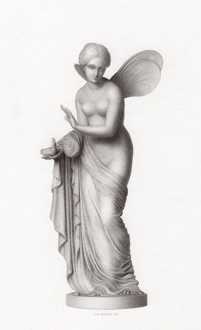 Wolf von Hoyer Psyche 1857 engraving: Wolf von Hoyer. (German, 1806 - 1873). Psyche. Antique engraving on wove paper after the original marble statue by master etcher John H. Baker (British, 1829-1872 circa). 1857. Image Size 4 x 8 inches