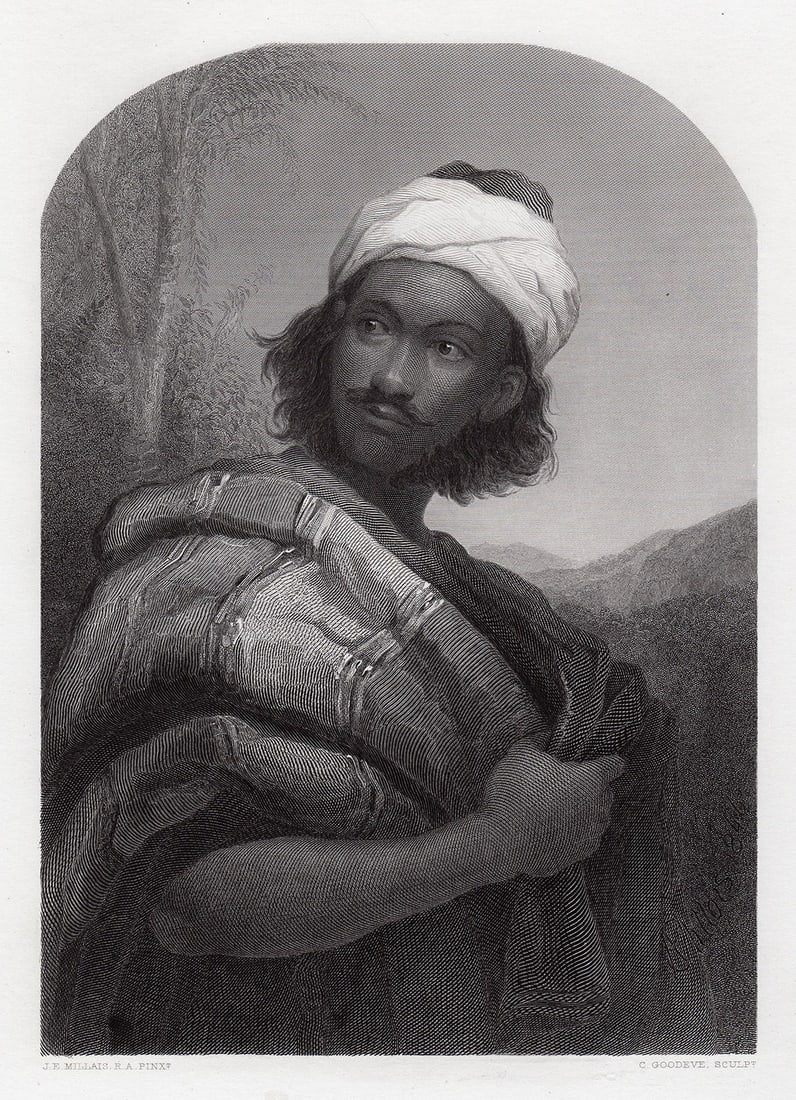 Sir John Everett Millais A Moorish Chief engraving signed: Sir John Everett Millais, 1st Baronet, (English, 1829-1896). A Moorish Chief. Antique steel engraving on wove paper after the original by master engraver C. Goodeve. 1879. Signed in the plate. Excelle