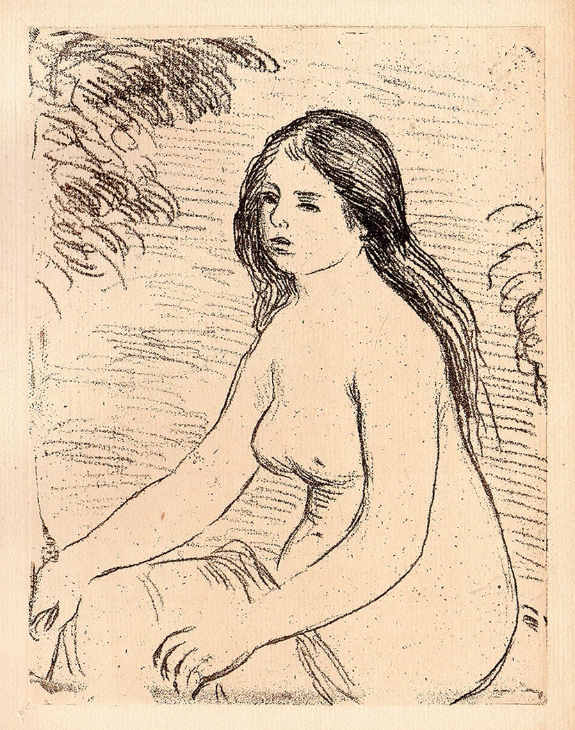 Pierre Auguste RENOIR Etching Seated bather LIMITED Framed: Pierre Auguste Renoir (1841 - 1919). Femme nue assise. Soft ground etching in black on Van Gelder paper from the edition published in Theodore Duret's L'Histoire des peintres impressionnistes. Year: c