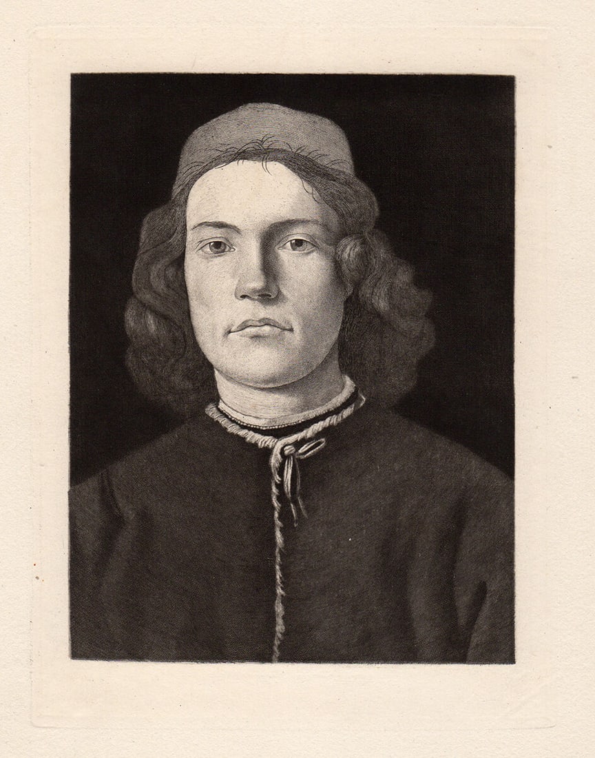 Masaccio Portrait of a Youth 1875 etching: Masaccio born Tommaso di Giovanni di Simone. (Italian, 1401-1428). Portrait of a Youth. Copper Plate Etching on Thick Laid Paper after the original by Master Etcher Leopold Flameng (French, 1831-1911)