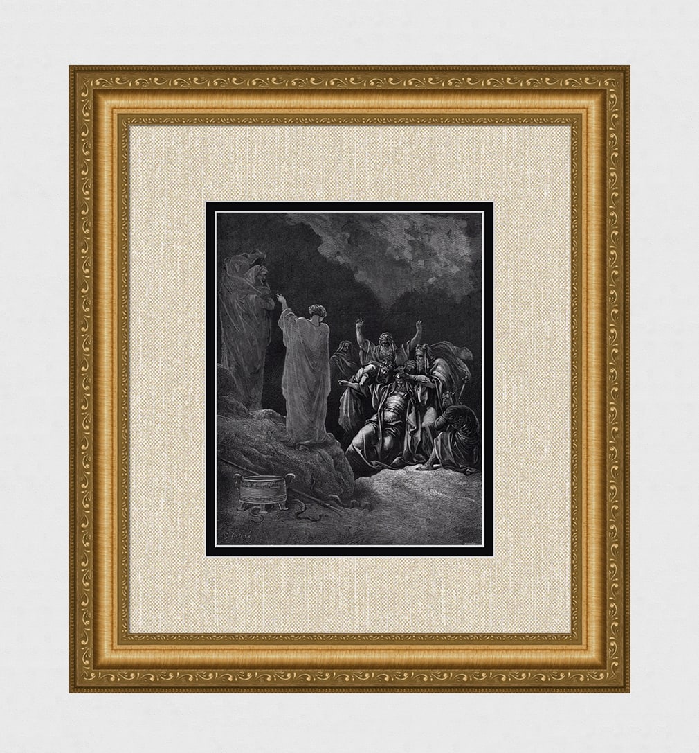 1800s Gustave DORE'S BIBLE SIGNED Woodcut The Witch Of Endor FRAMED: Gustave Dore (Paul Gustave Louis Christophe Dore) (French, 1832-1883). Saul and the Witch of Endor (From Dore's Bible). Antique woodcut wove paper after the original by a master wood engraver Laurent 