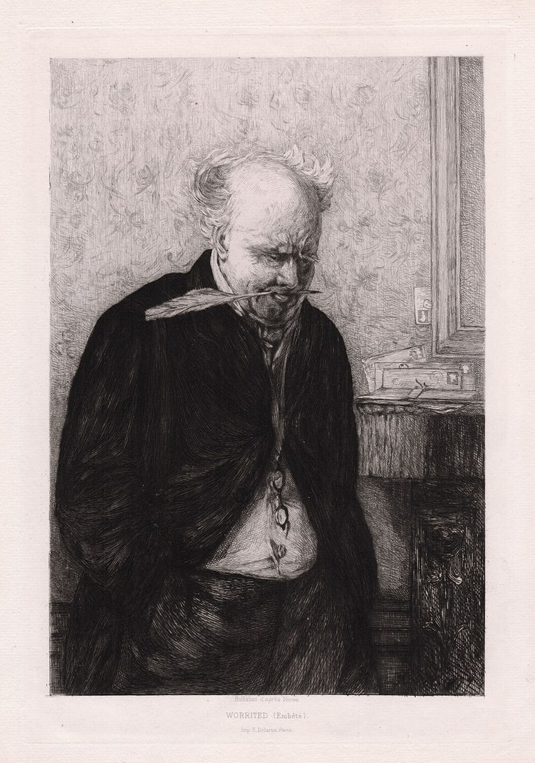 Erskine Nicol Worried 1879 etching: Erskine Nicol. (Scottish, 1825-1904). Worried (Worrited). Antique Hand pulled copper plate etching on laid paper after the original by master etcher Leon Richeton (French/British, 1854-1934). 1879. Ex
