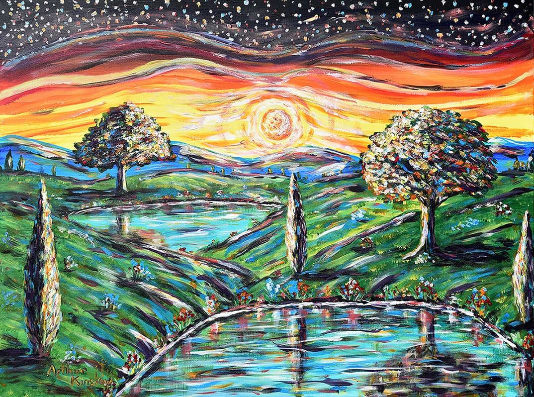 Arthur Kinslow Orginal Landscape Painting Sunset Twin Ponds 36 x 48 Inches: Arthur Kinslow ( American, 1955 - ) Twin Ponds. Original Acrylic on Canvas.Signed by the artist lower center. Canvas Size 36 x 48 inches. Arthur Kinslow has been involved in art his entire life and be